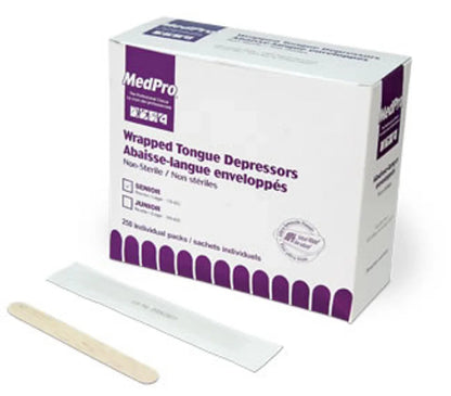 Box of wrapped tongue depressors with one wooden tongue depressor and wrapper displayed in front
