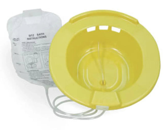 Yellow sitz bath kit with water bag and tubing for personal hygiene and home care