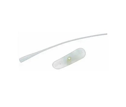 Sterile medical suction catheter with finger control, clear flexible tubing on white background