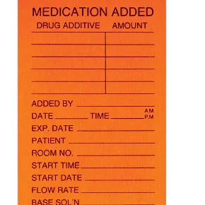 Orange medication added label for IV or pharmacy use with dosage and patient information fields
