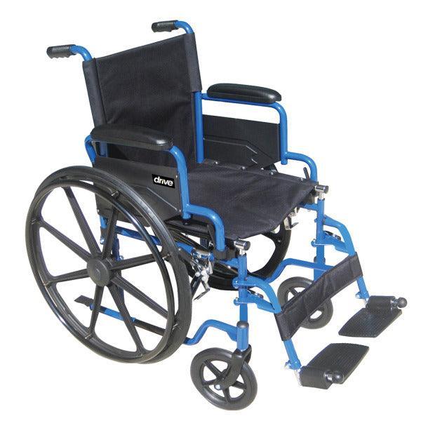 Lightweight blue manual wheelchair with footrests and large rear wheels
