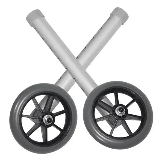 Pair of replacement walker wheels with grey tires and black spokes, medical mobility accessory