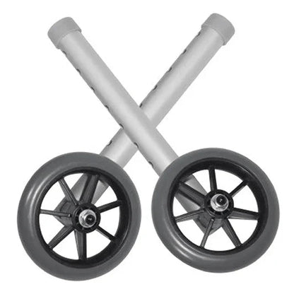 Pair of replacement walker wheels with grey tires and black spokes, medical mobility accessory