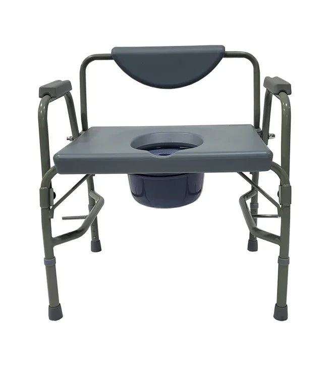 Adjustable bedside commode chair with padded armrests and removable bucket, home care medical equipment.