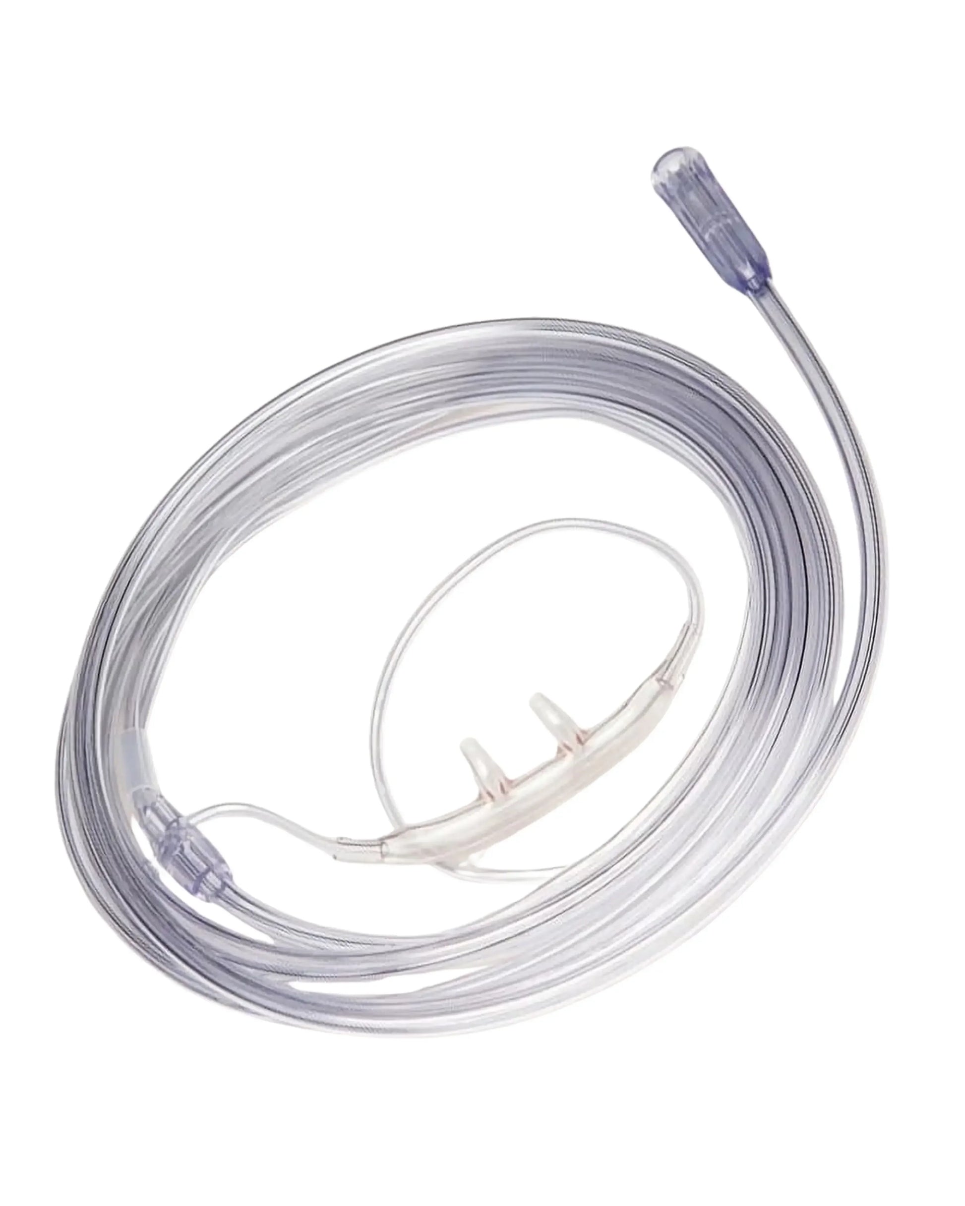 Clear oxygen nasal cannula tubing for medical respiratory support on white background