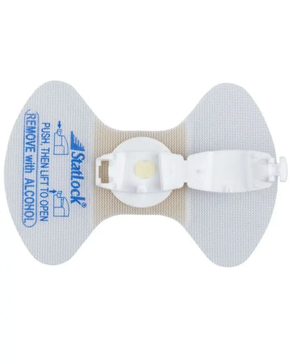 IV catheter securement device with adhesive backing and white plastic clip, medical supply