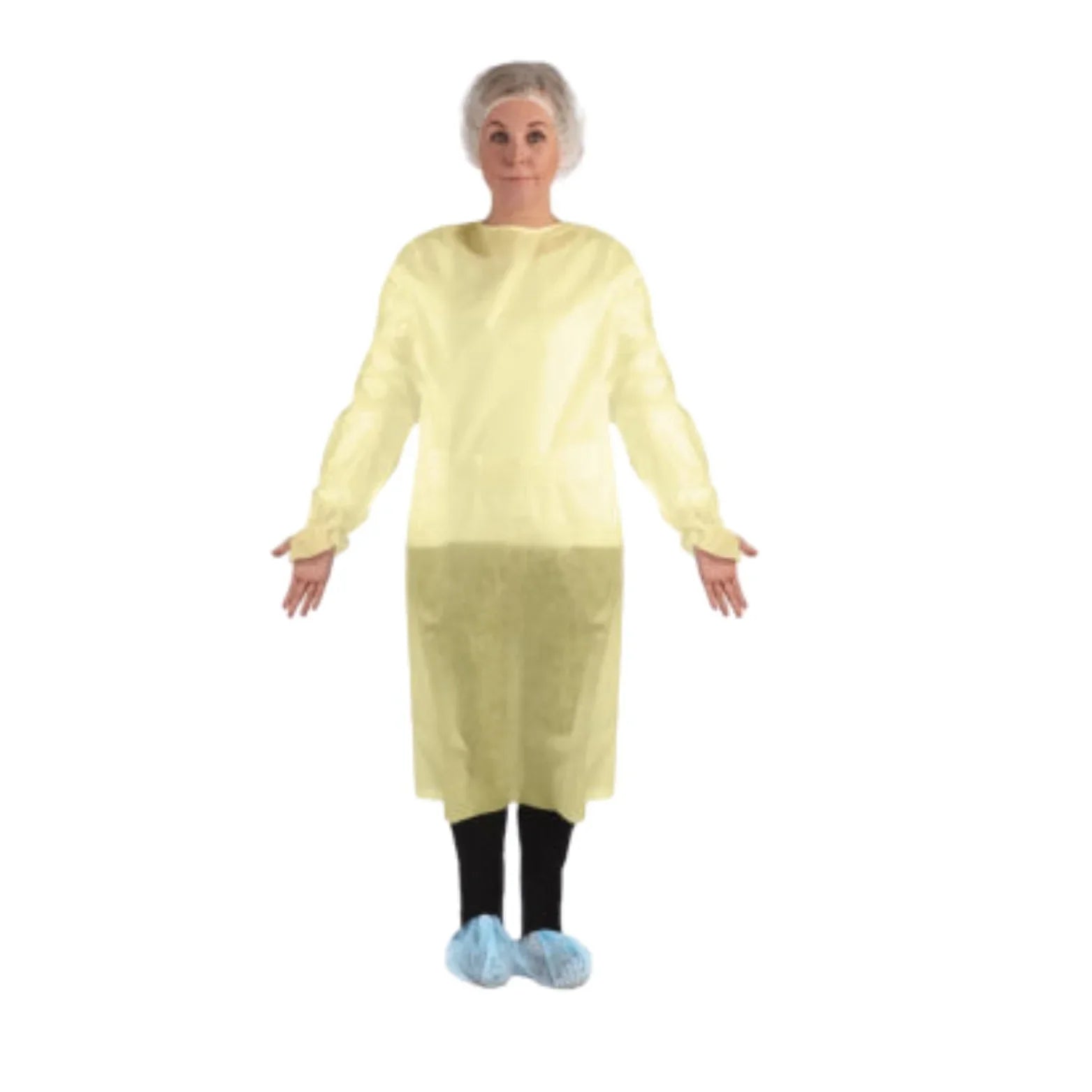 adult wearing yellow disposable medical isolation gown and blue shoe covers