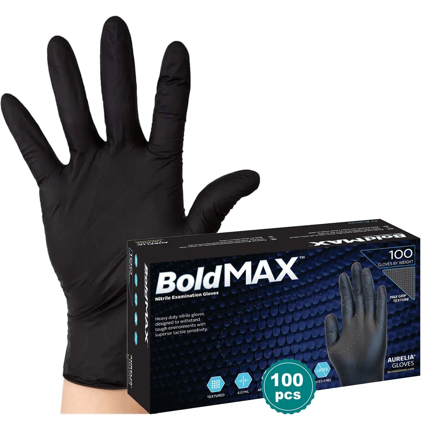 Black nitrile examination glove on hand with BoldMAX 100-pack box, latex-free medical gloves