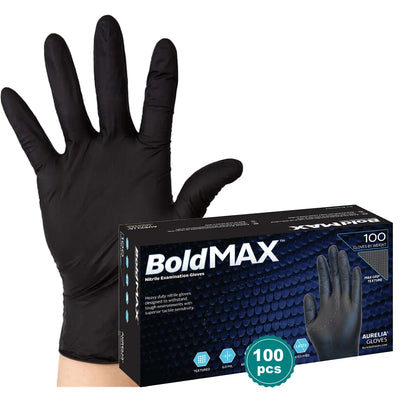 Black nitrile examination glove on hand with BoldMAX 100-pack gloves box
