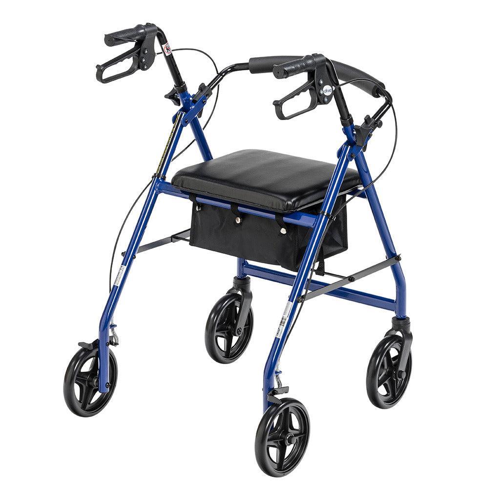 Blue four-wheel rollator walker with padded seat, hand brakes, and storage pouch