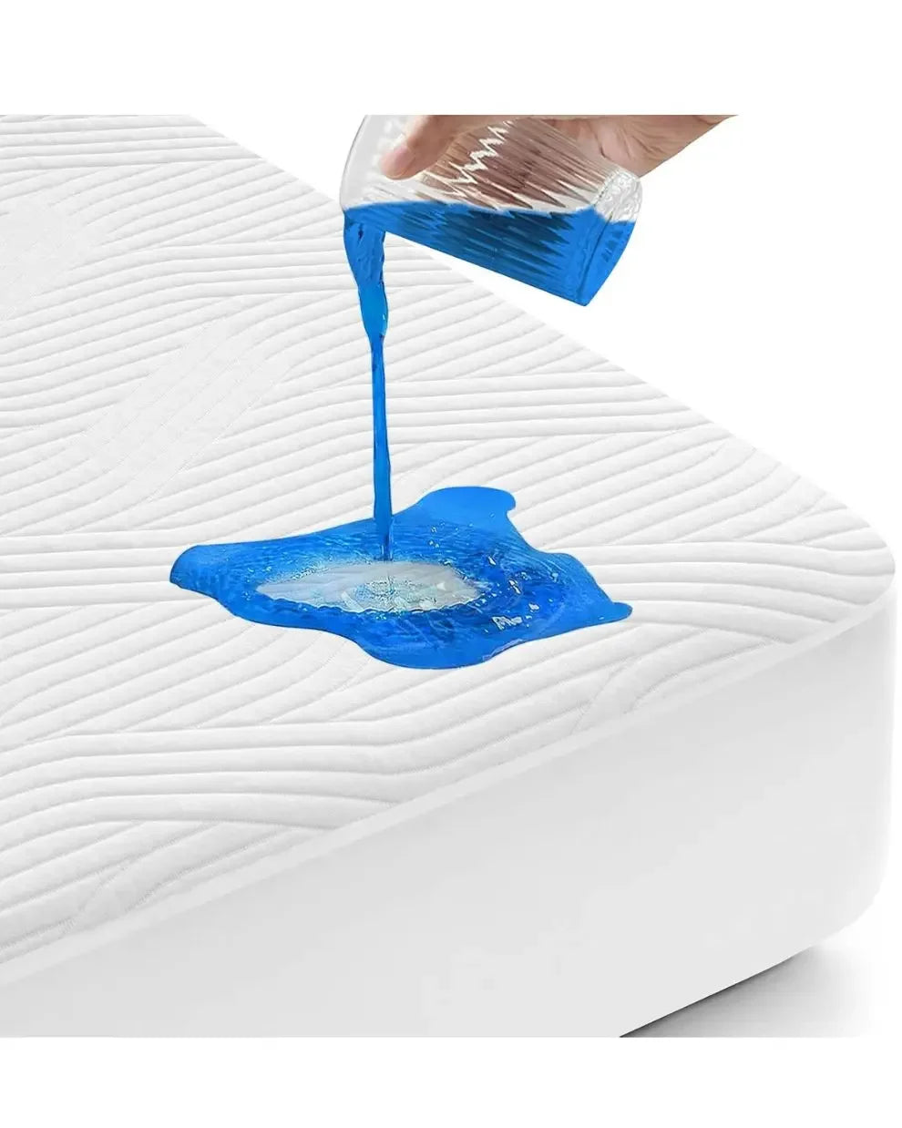 Waterproof mattress protector with liquid being poured to show spill resistance