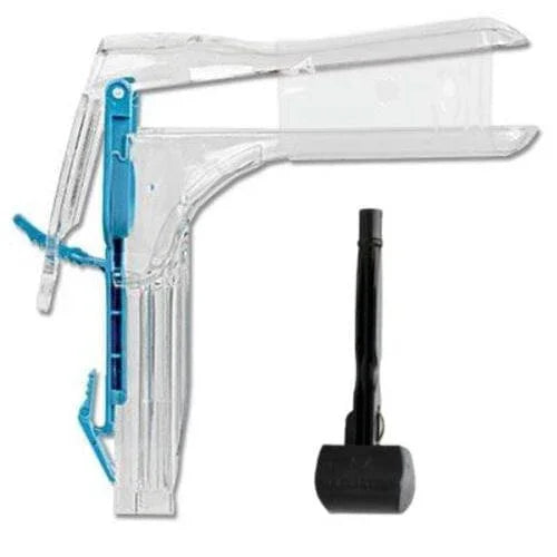 Disposable plastic vaginal speculum and black examination light on white background