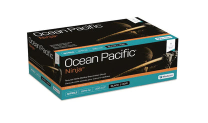 Box of Ocean Pacific Ninja black nitrile medical examination gloves, 200 count, medium size