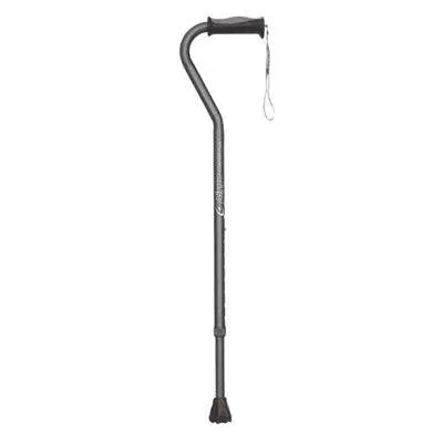 Black metal walking cane with ergonomic handle and rubber tip, mobility aid