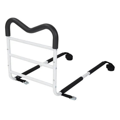 Adjustable bed assist rail with white metal frame and black foam grip for home safety