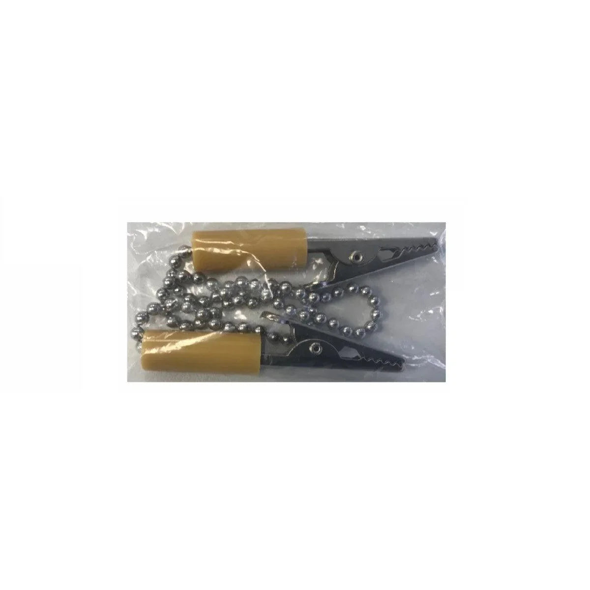 Yellow-handled alligator clips with metal bead chain, packaged for medical accessory use