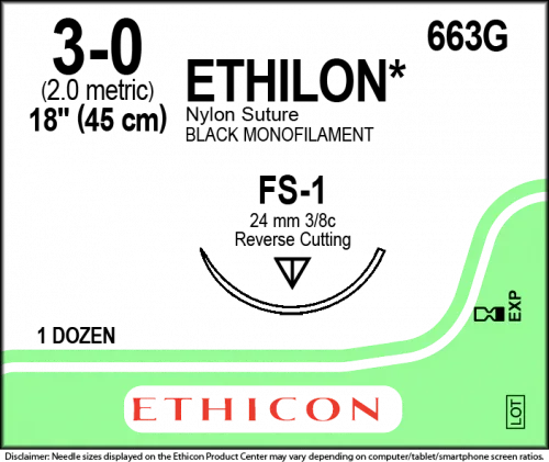 Ethicon surgical suture packaging with expiration and lot number icons on a green background