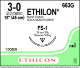 Ethicon surgical suture packaging with expiration and lot number icons on a green background