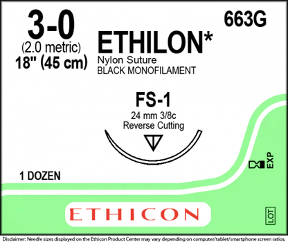 Ethicon surgical suture packaging with expiration and lot number icons on a green background