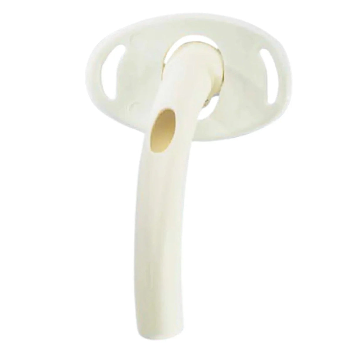 Medical plastic tracheostomy tube with flange, shown on white background
