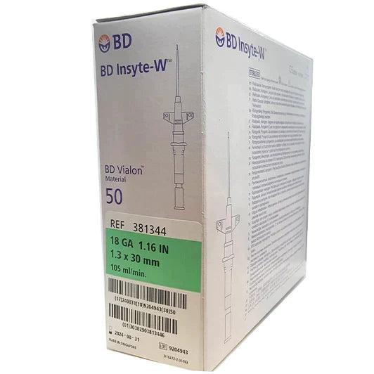 Box of BD Insyte-W 18 GA 1.16 inch IV catheters, 50 count, medical supply packaging