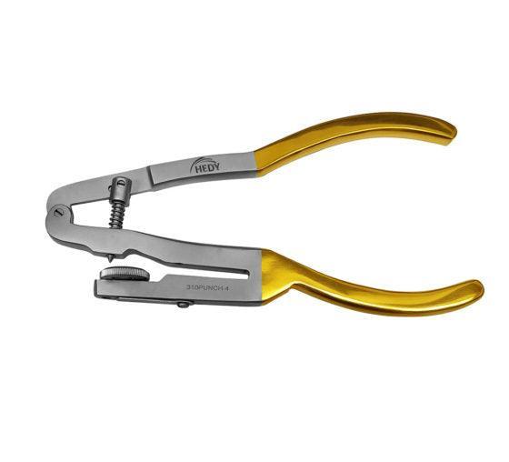 Stainless steel medical punch plier with gold handles for clinical use