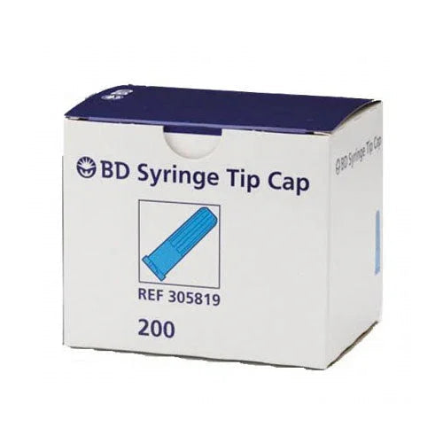 Box of BD syringe tip caps, medical supply packaging containing 200 sterile caps