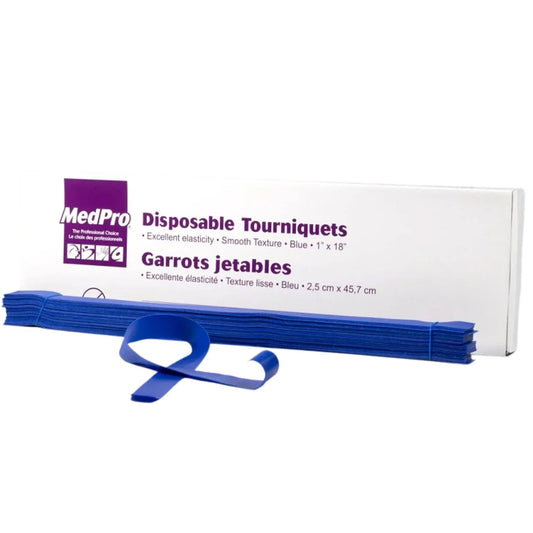 Box of MedPro disposable blue tourniquets for medical and home care use