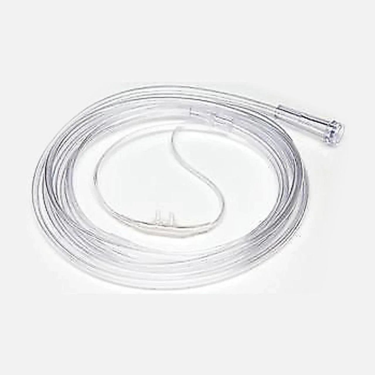 Clear oxygen nasal cannula tubing for respiratory medical use on a white background