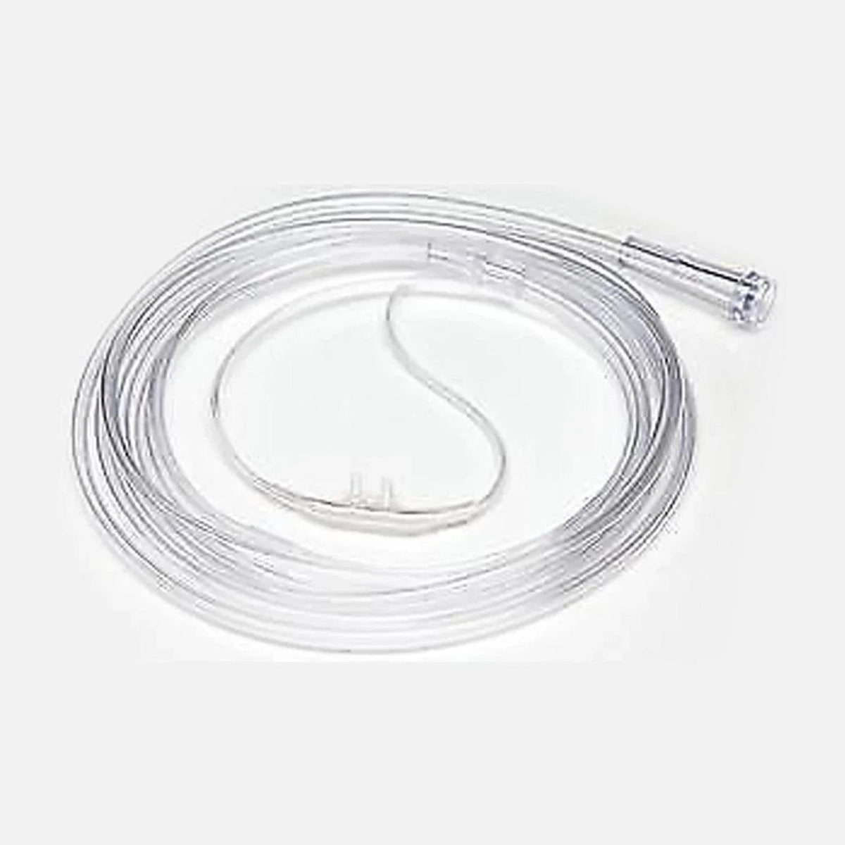 Clear oxygen nasal cannula tubing for respiratory medical use on a white background