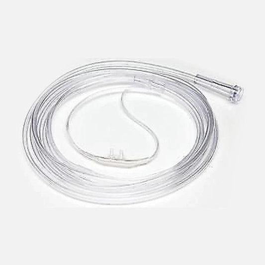 Clear oxygen nasal cannula tubing for respiratory medical use on a white background