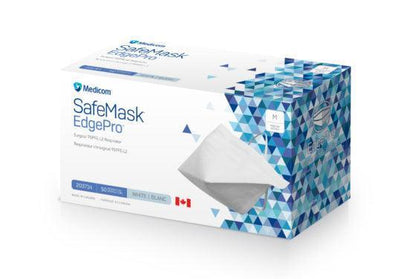 Box of Medicom SafeMask EdgePro surgical masks, white color, medium size