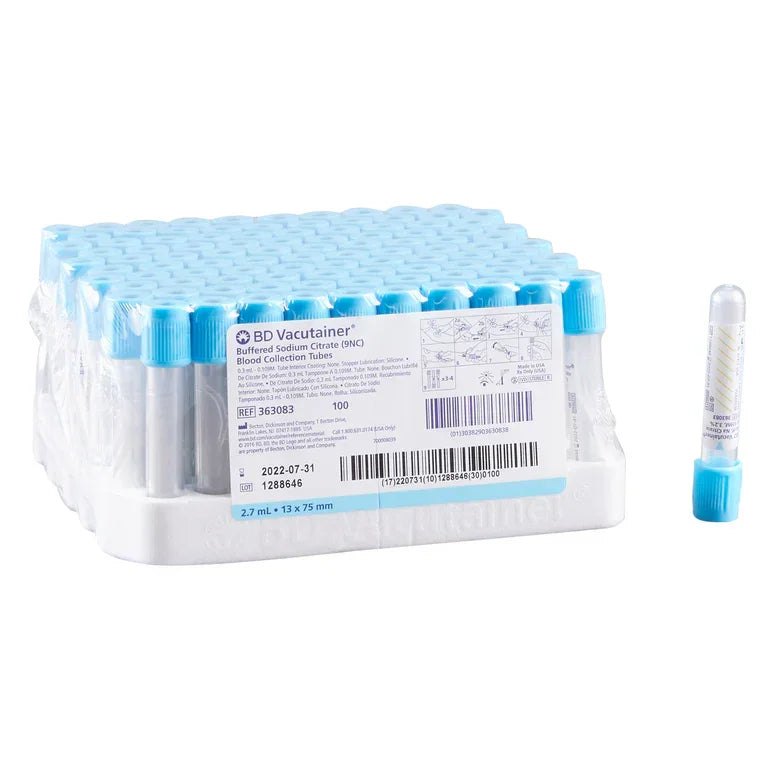 BD Vacutainer blood collection tubes with blue caps, 13 x 75 mm, 2.7 mL, pack of 100