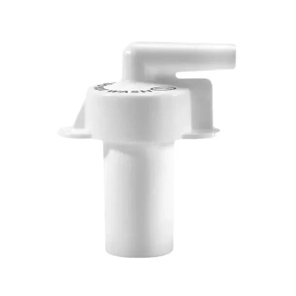 White plastic medical device part with an angled spout, used in healthcare supplies