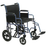 Lightweight transport wheelchair with black seat, folding footrests, and large rear wheels
