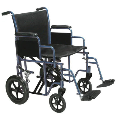 Lightweight transport wheelchair with black seat, folding footrests, and large rear wheels