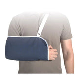 Man wearing a navy blue arm sling for injury support and shoulder immobilization