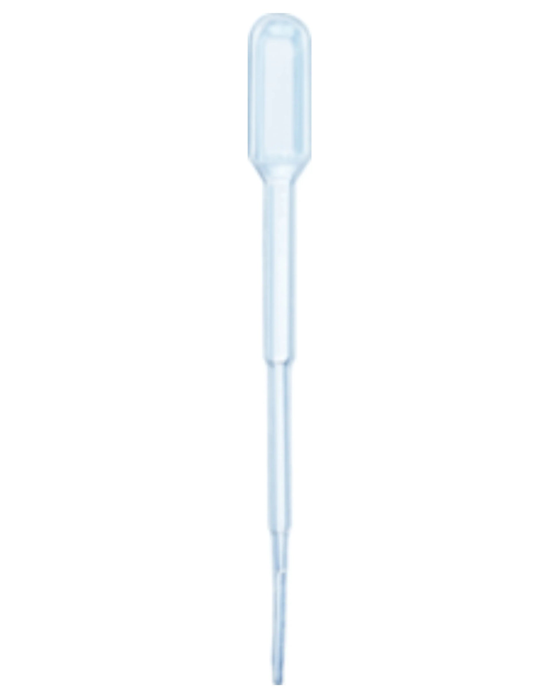 Clear plastic disposable transfer pipette for medical or laboratory use on white background