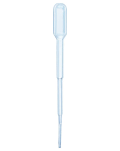 Clear plastic disposable transfer pipette for medical or laboratory use on white background