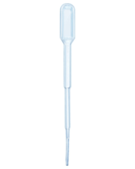 Clear plastic disposable transfer pipette for medical or laboratory use on white background