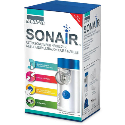 MedPro SONAIR ultrasonic mesh nebulizer box, portable respiratory device, rechargeable USB