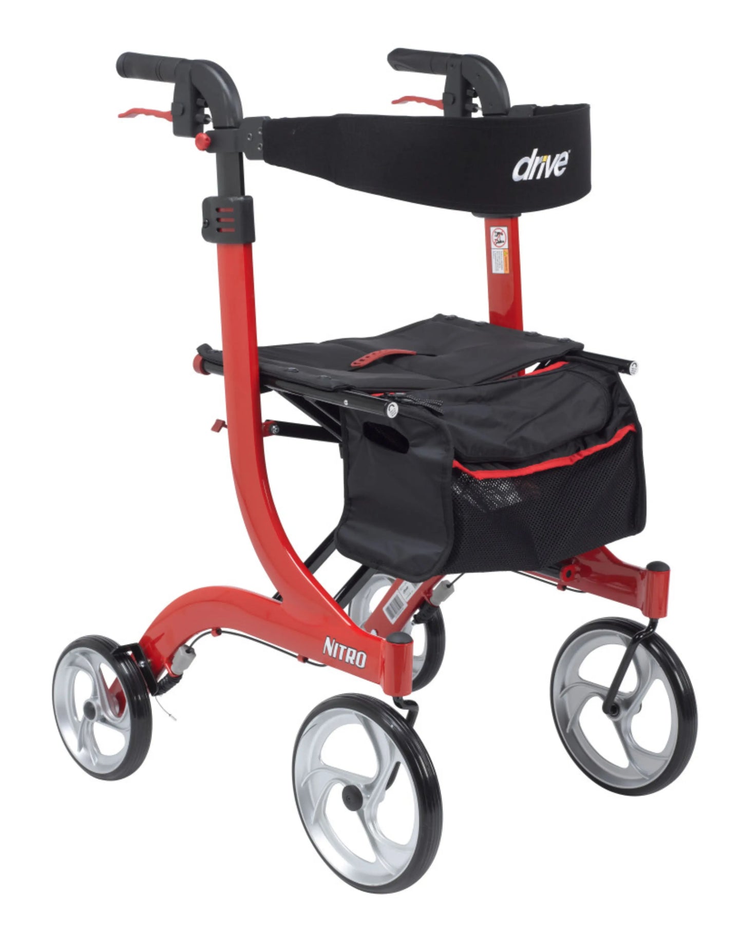 Red lightweight rollator walker with seat, storage pouch, and four large wheels