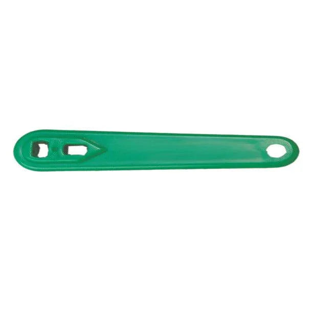 Green plastic medical slap strap for securing IV tubing, isolated on white background