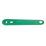 Green plastic medical slap strap for securing IV tubing, isolated on white background