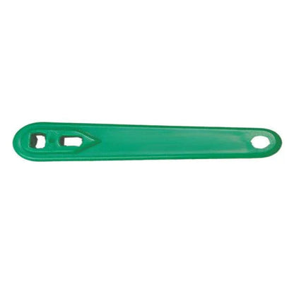 Green plastic medical bed sheet remover tool with two square cutouts and a rounded end