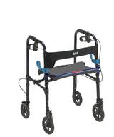 Lightweight blue rollator walker with four wheels, padded seat, and ergonomic handles