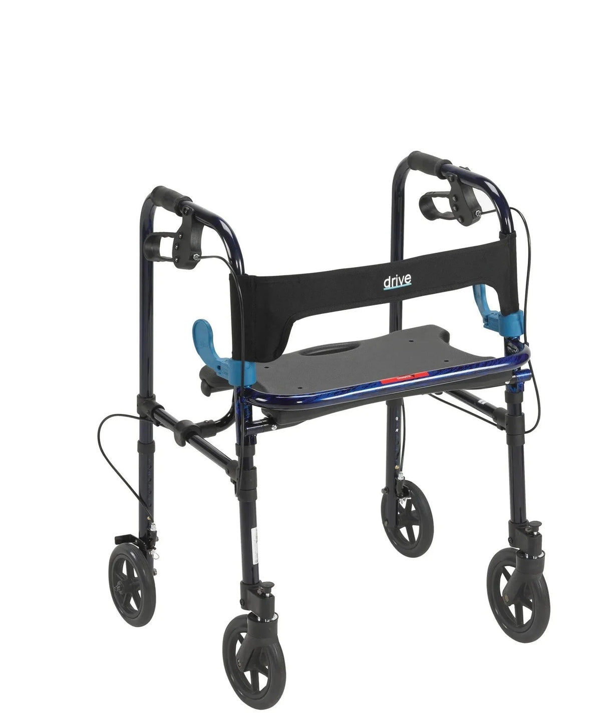 Lightweight blue rollator walker with four wheels, padded seat, and ergonomic handles