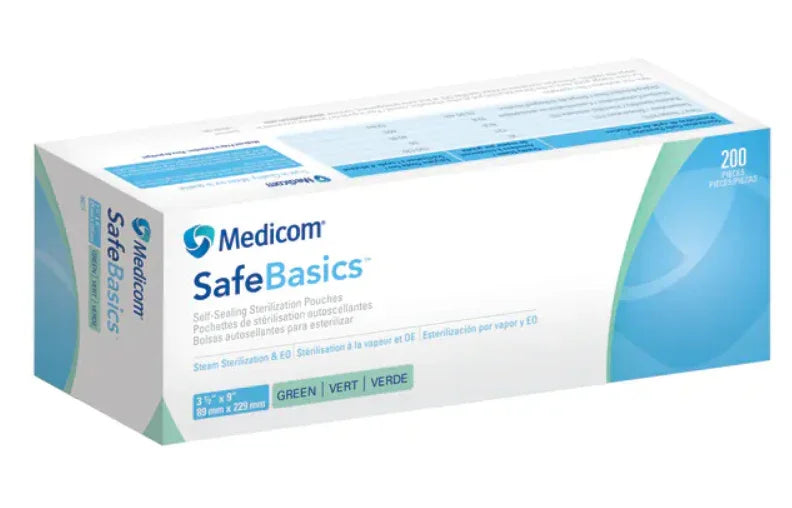 Medicom SafeBasics self-sealing sterilization pouches 3.5 x 9 inches, box of 200
