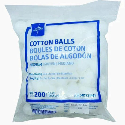 Package of Medline non-sterile medium cotton balls, 200 count, for medical use