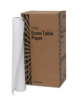 Crepe exam table paper roll next to box, medical supplies for clinics, 12 rolls per box